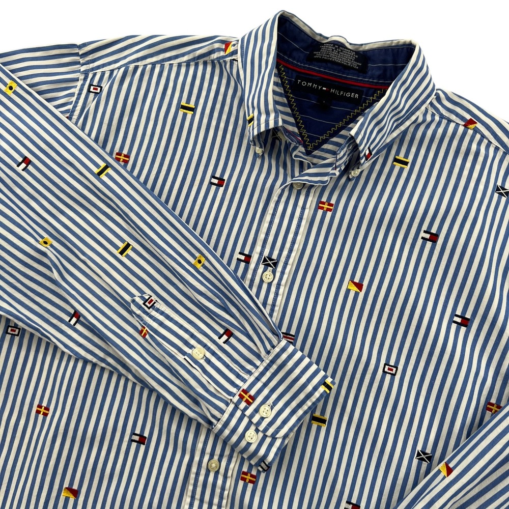 VTG 90s Tommy Hilfiger Button Down Shirt Men L Blue White Striped Nautical Flags
